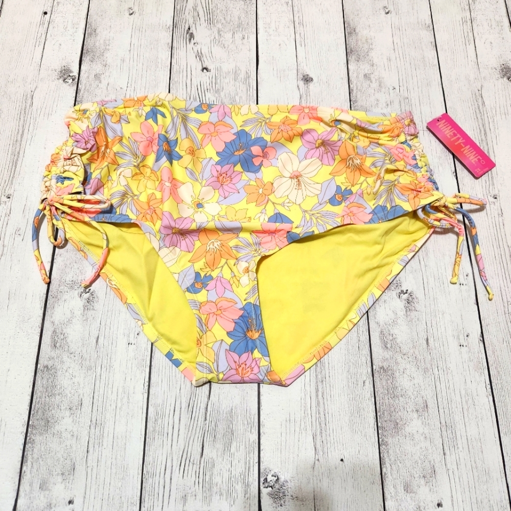 NWT NINETY-NINE 2X Tropical Floral Yellow background high waisted bikini bottom